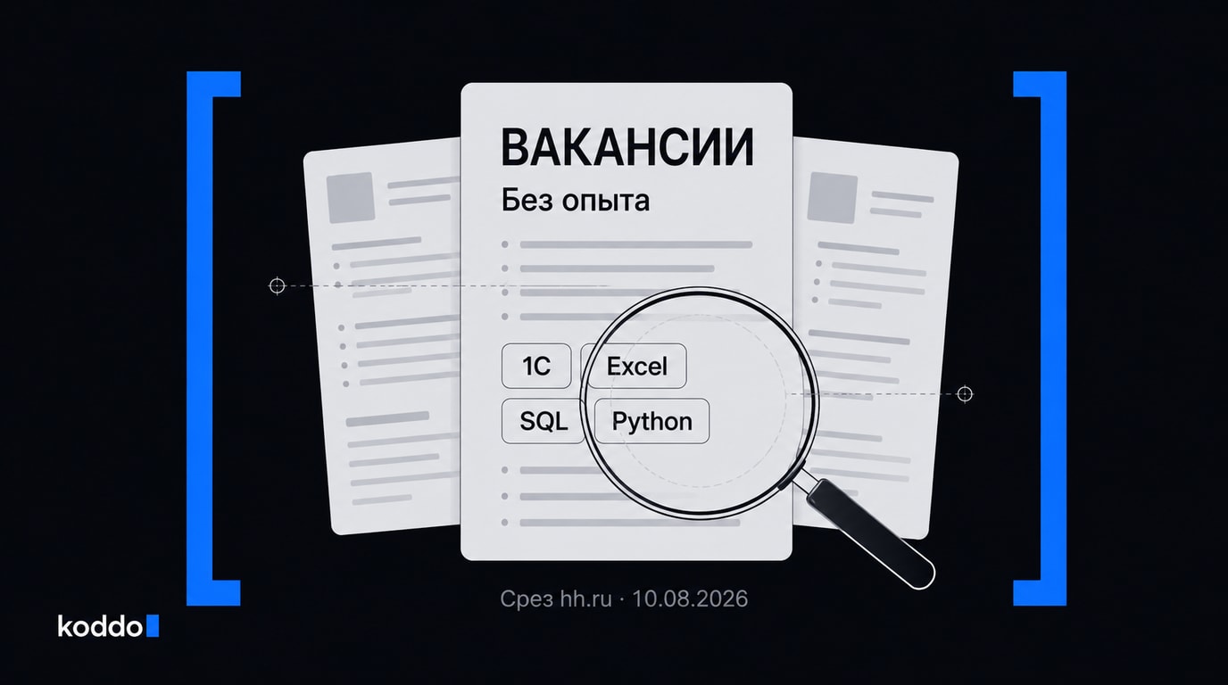 Объявления без опыта с упоминаниями 1С, Excel, SQL и Python под лупой; срез hh.ru от 10 августа 2026 года