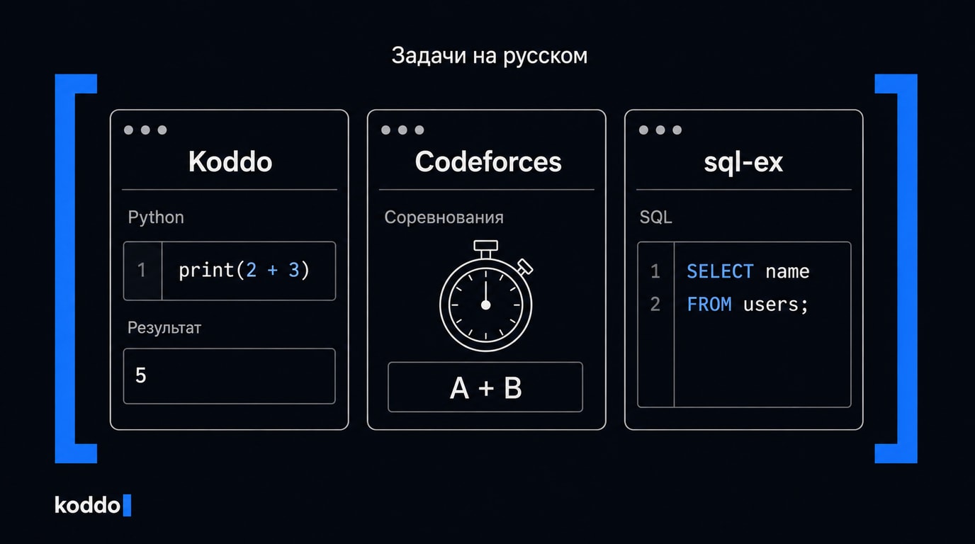 Три формата практики на русском: Python в Koddo, соревнования Codeforces и запросы SQL в sql-ex